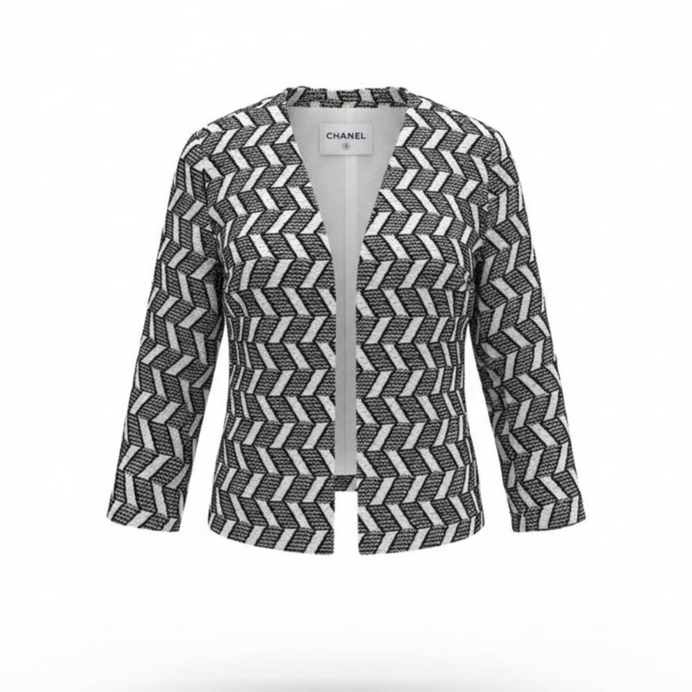 Chanel Black & White Geometric Tweed Evening Jacket - Sz FR40